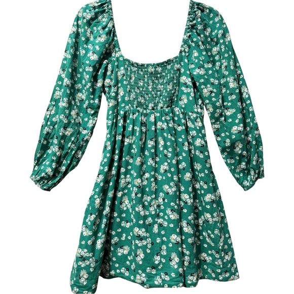 Anthropologie Puff Sleeve Button Front Ruched Green Floral Mini Dress Small - Picture 6 of 10